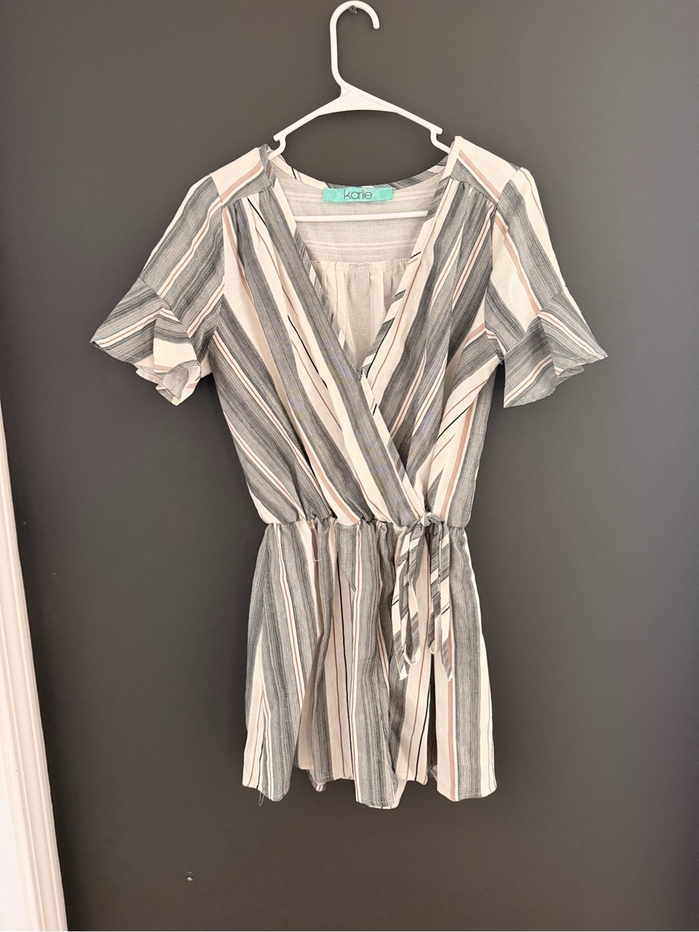 Karlie Striped Wrap Romper in Gray, Cream, Pink